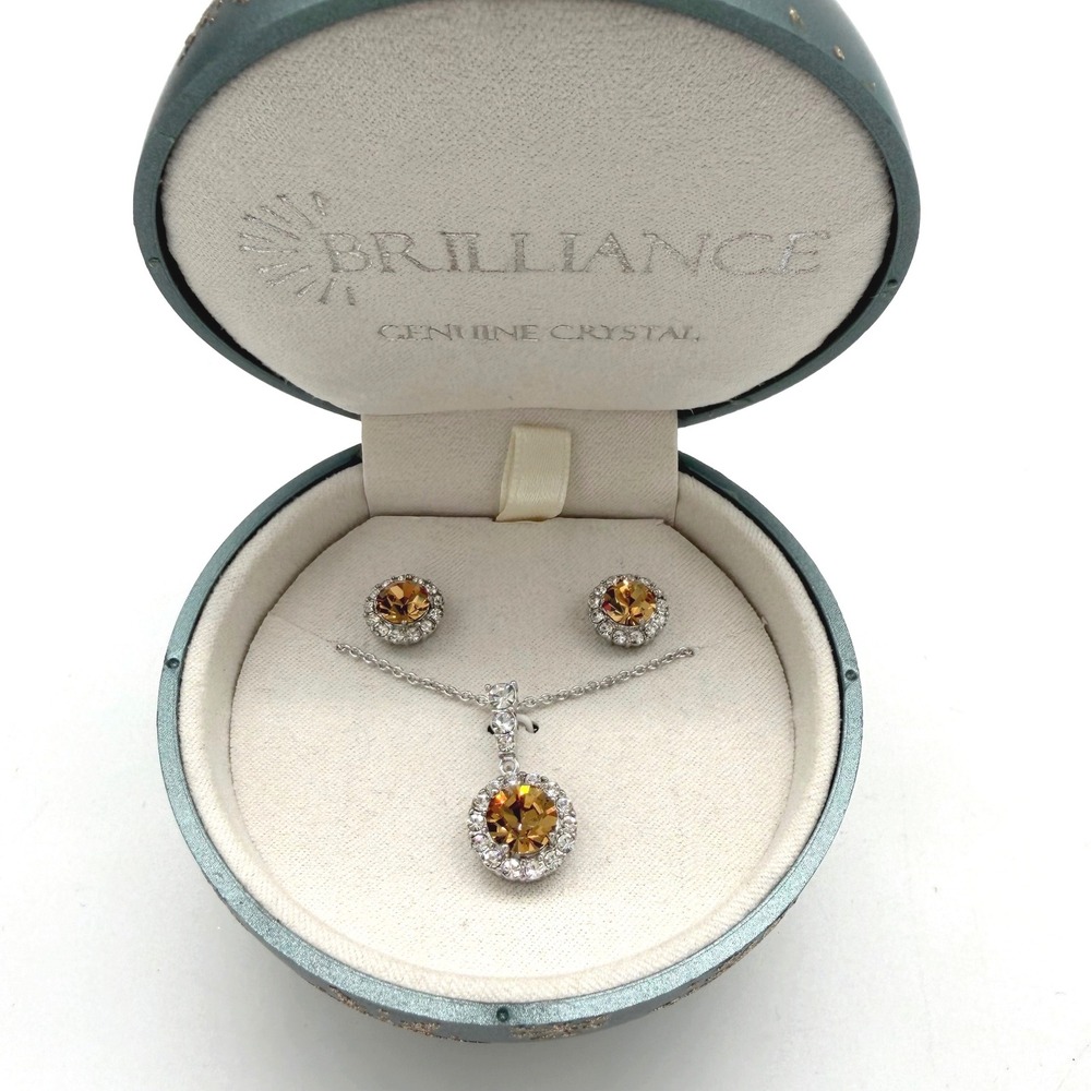 Brilliance Jewelry Set Sterling Silver Plate Necklace Crystal Earrings Champagne